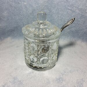 Vintage Federal Glass Windsor Clear Sugar Bowl Lid Spoon Button & Cane Jam Jelly